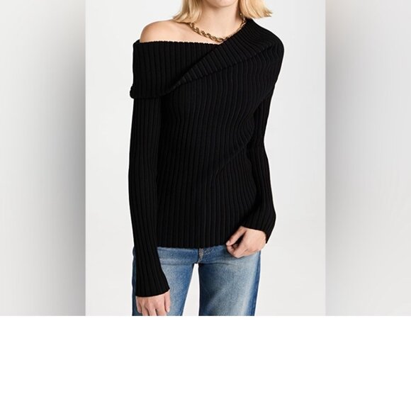 NWT Tory Burch Black off-the shoulder ribbed stretchy jersey sweater Size Large - Picture 1 of 10